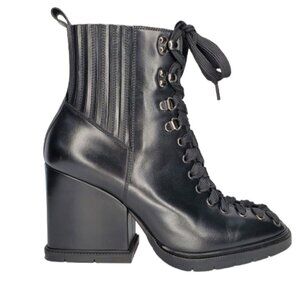 Santoni Leather Lace Up Block Heel Combat Boots